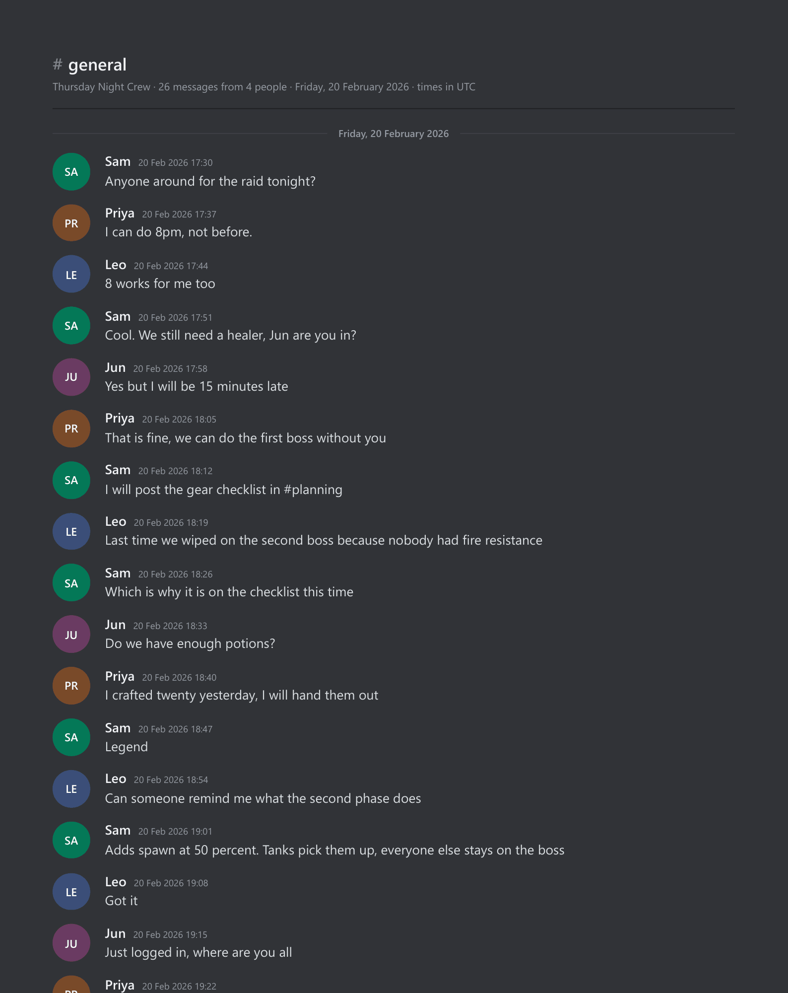 A page of the sample transcript in the Discord look style
