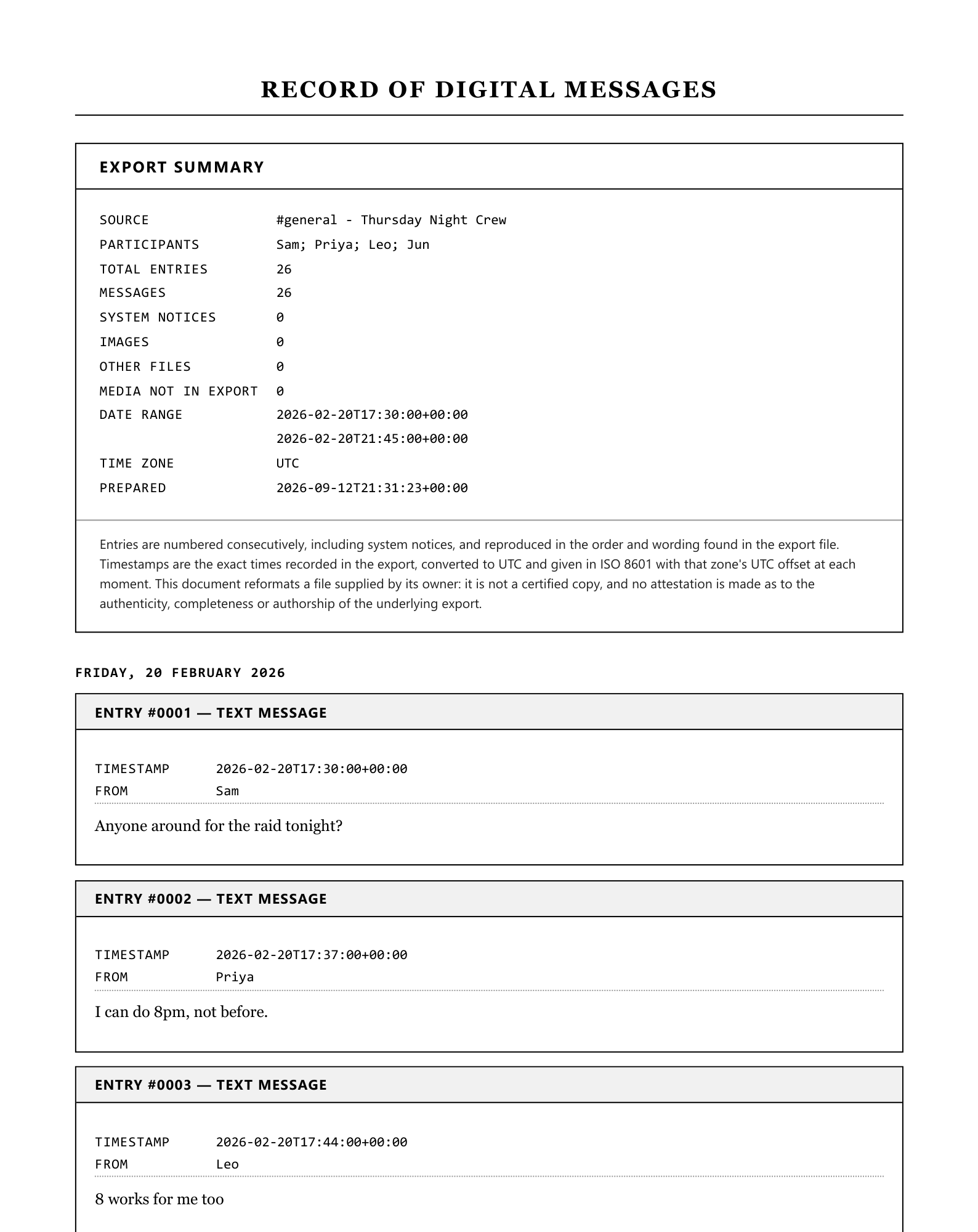 A page of the sample transcript in the Formal / legal style