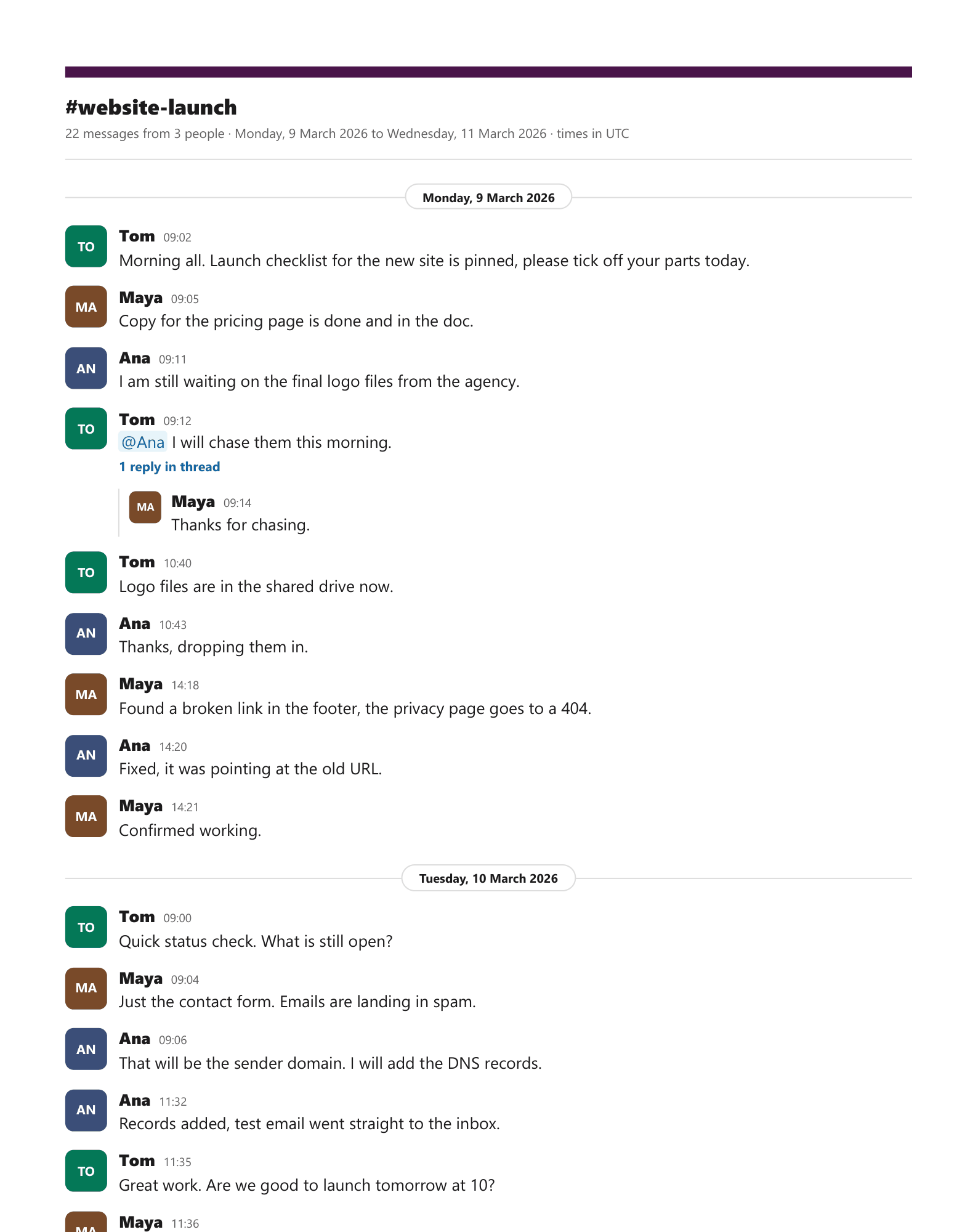 A page of the sample transcript in the Slack look style