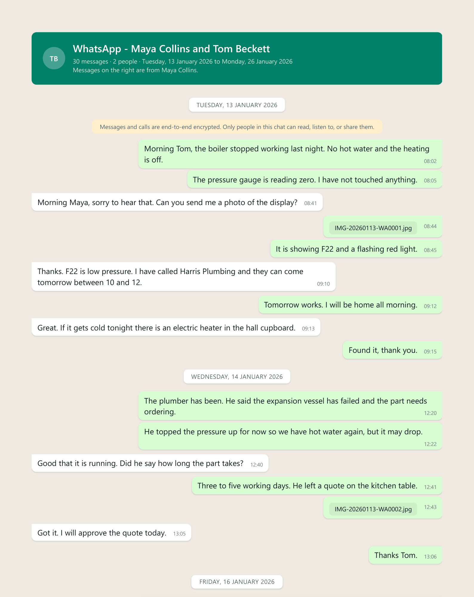 A page of the sample transcript in the WhatsApp look style