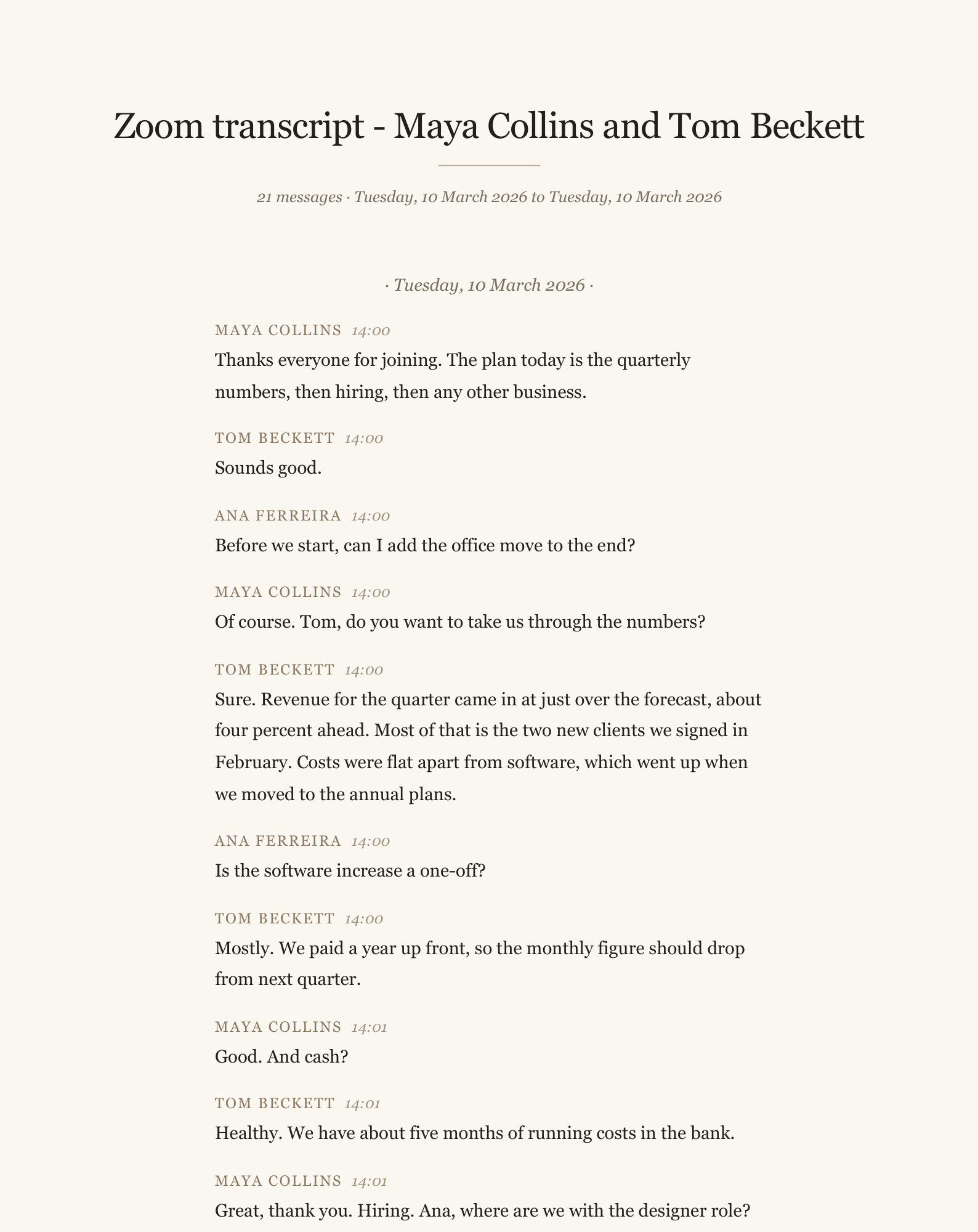 A page of the sample transcript in the Book style