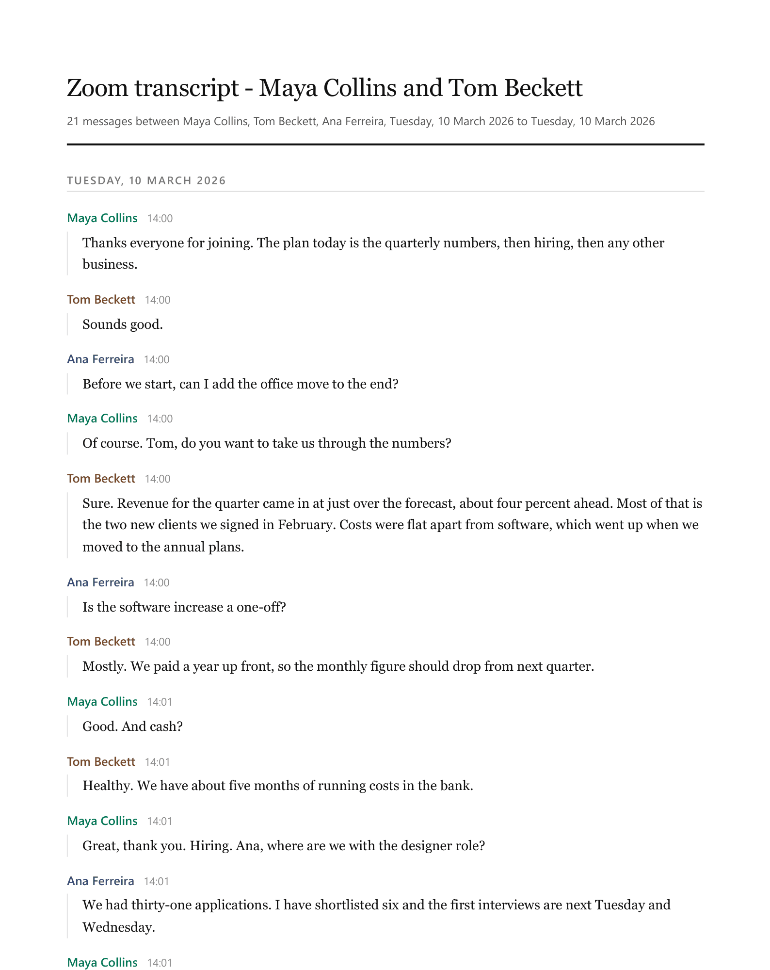 A page of the sample transcript in the Clean document style