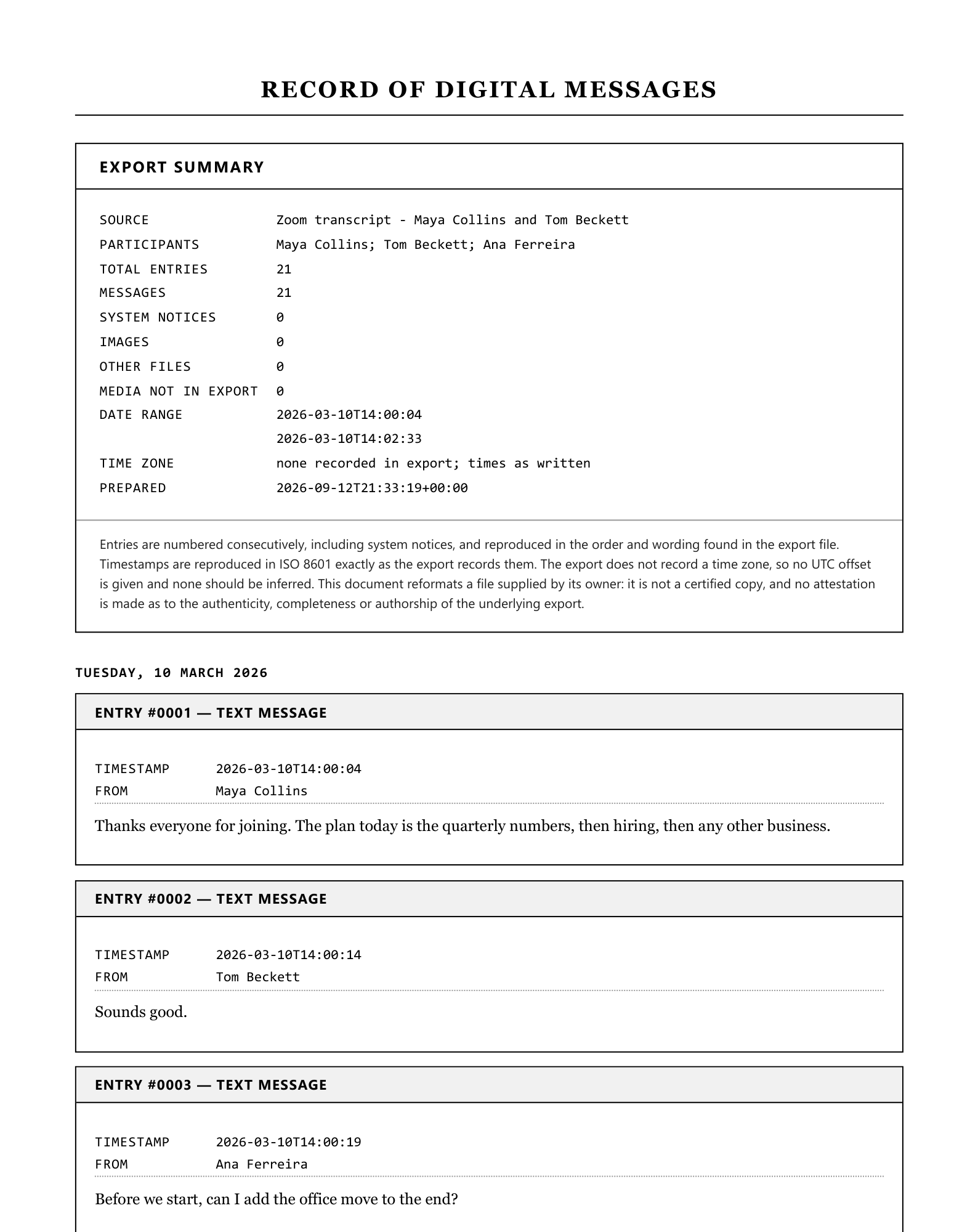 A page of the sample transcript in the Formal / legal style